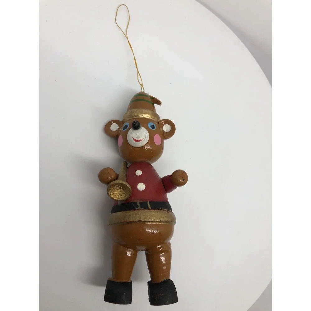 Vintage Christmas Wooden Teddy Bear Toy Ornament With‎ Horn Musical 4.25